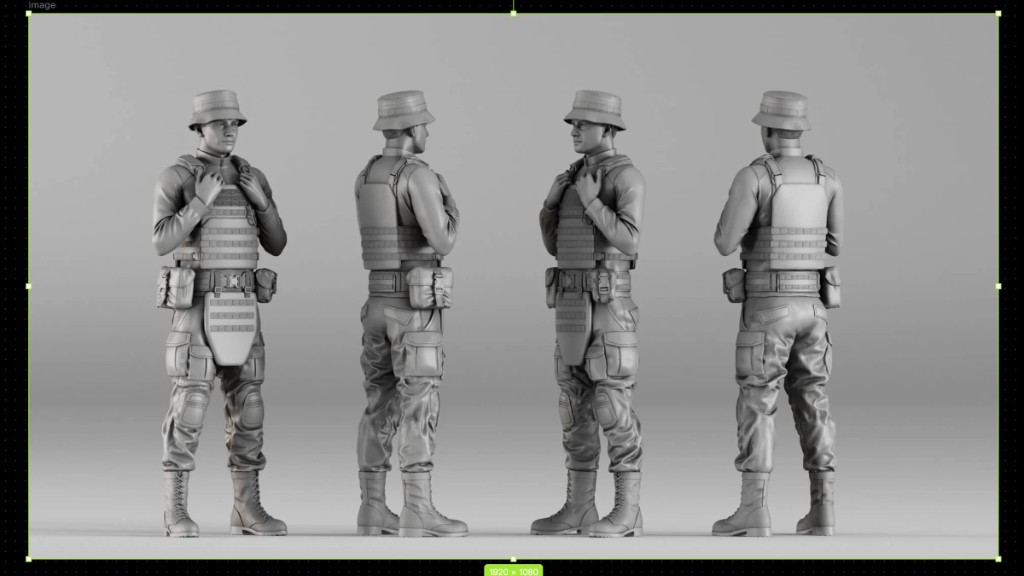 Four-view clay render of a soldier, used as the AI 3D reference