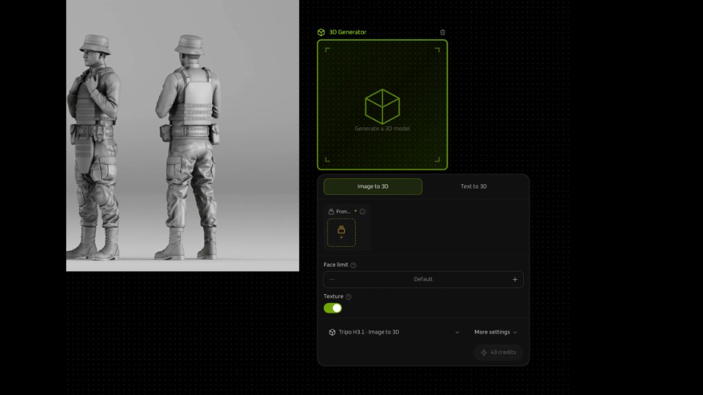 3D Generator panel on Image to 3D, with Tripo H3.1 Image to 3D