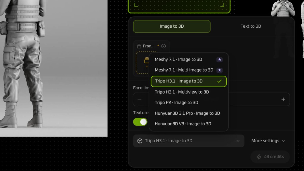 Model menu with Tripo H3.1 Image to 3D selected, listing Meshy, Tripo, and Hunyuan3D