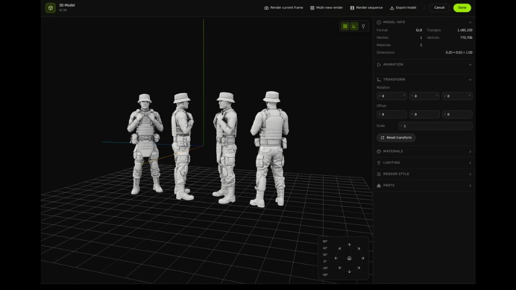 3D Studio with the GLB on the grid and model info open