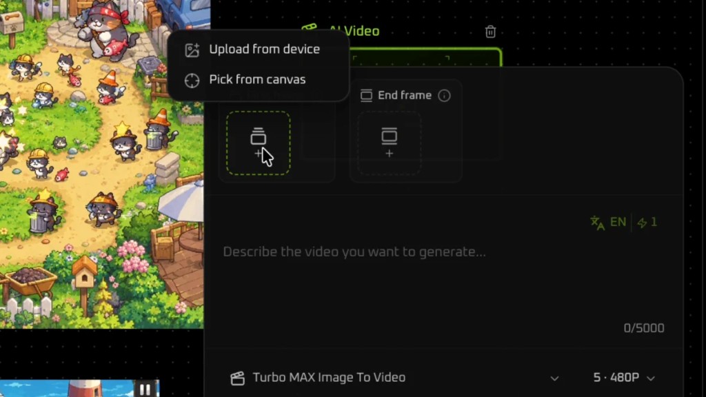 First-frame menu with Pick from canvas