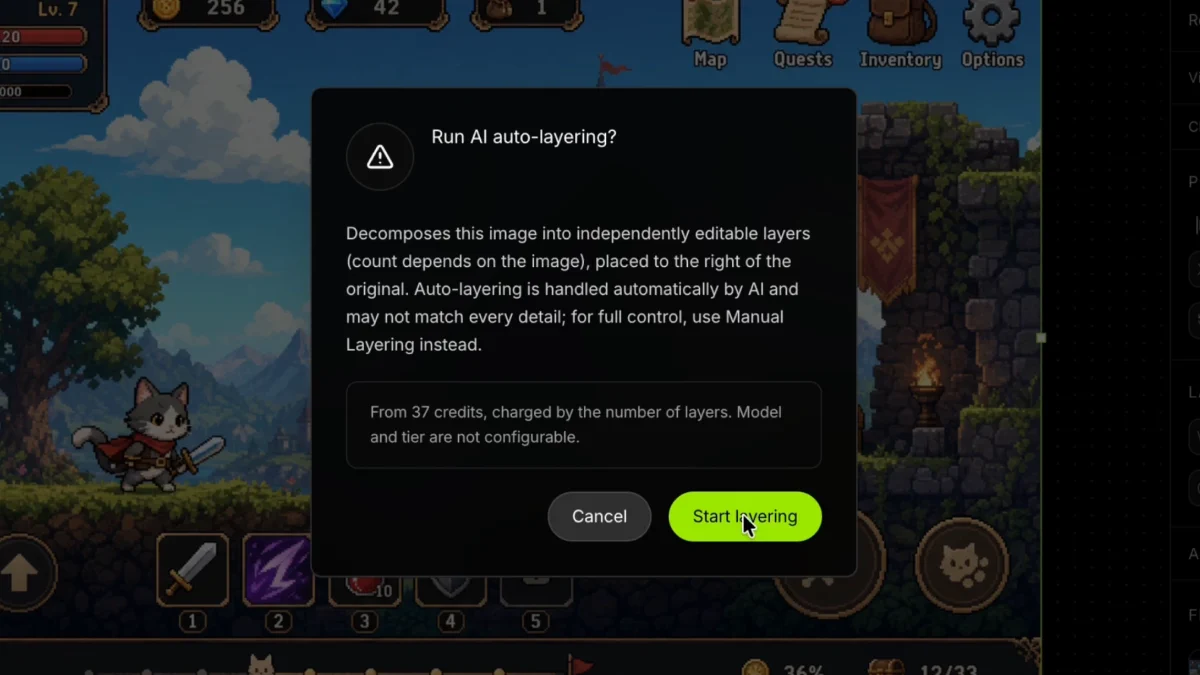 Confirm dialog: Run AI auto-layering, from 37 credits, Start layering