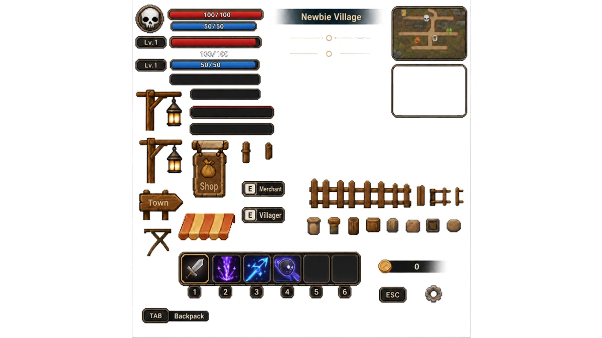 Sprite sheet with UI and environment pieces before Auto Split