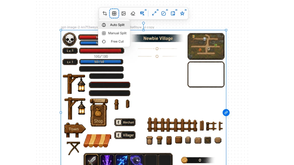Split menu with Auto Split selected on a sprite sheet