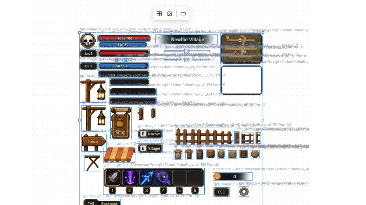 Sprite sheet after Auto Split with per-piece bounds and serialized names