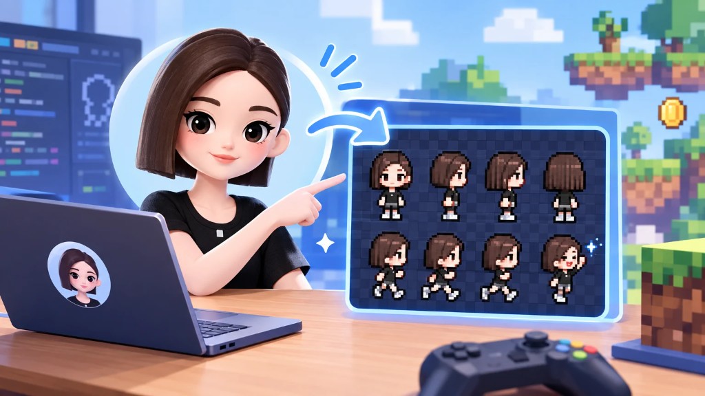 豆包界面旁，一块屏幕上排着同一角色的像素精灵图