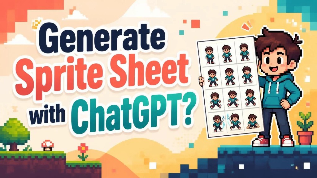 A pixel character holding a sprite sheet beside the question Generate Sprite Sheet with ChatGPT