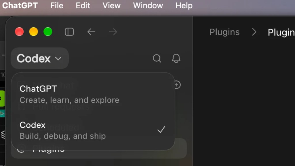 In the ChatGPT app, the menu switches from ChatGPT to Codex