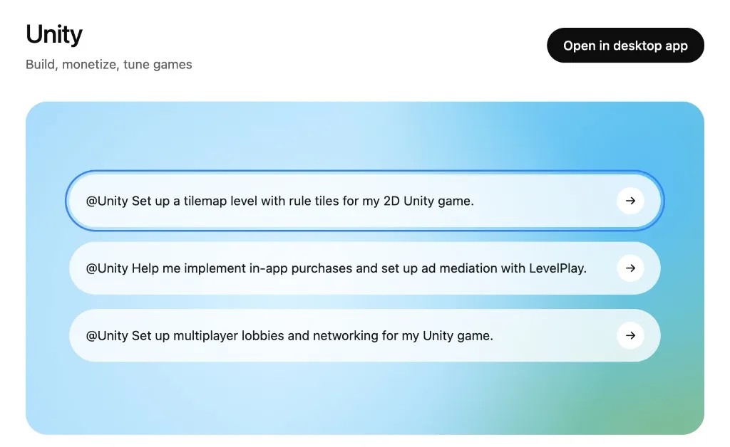 Typing @Unity in Codex, with examples for a tilemap, in-app purchases, and multiplayer