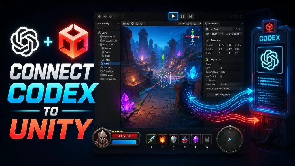 Banner reading Connect Codex to Unity, with the Unity Editor in the center and Codex on the right
