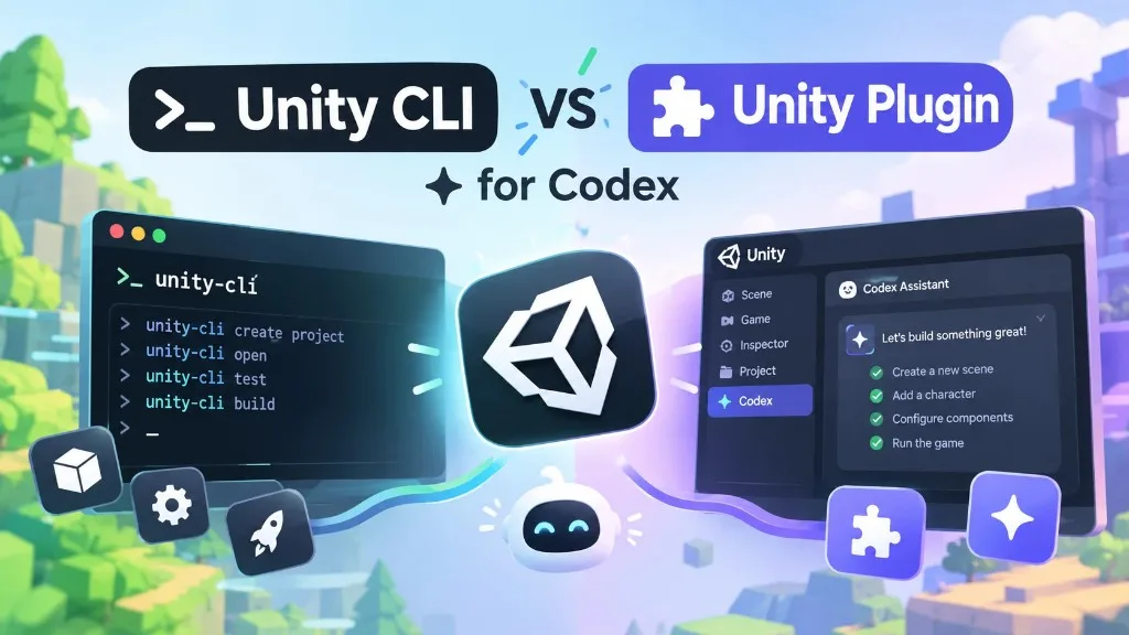 Banner reading Unity CLI vs Unity Plugin for Codex, with a terminal on the left and a Codex assistant on the right