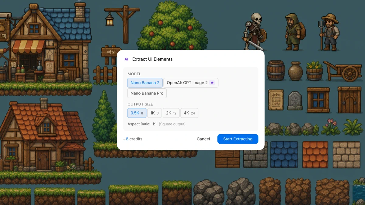 Extract UI Elements dialog with model and output size options