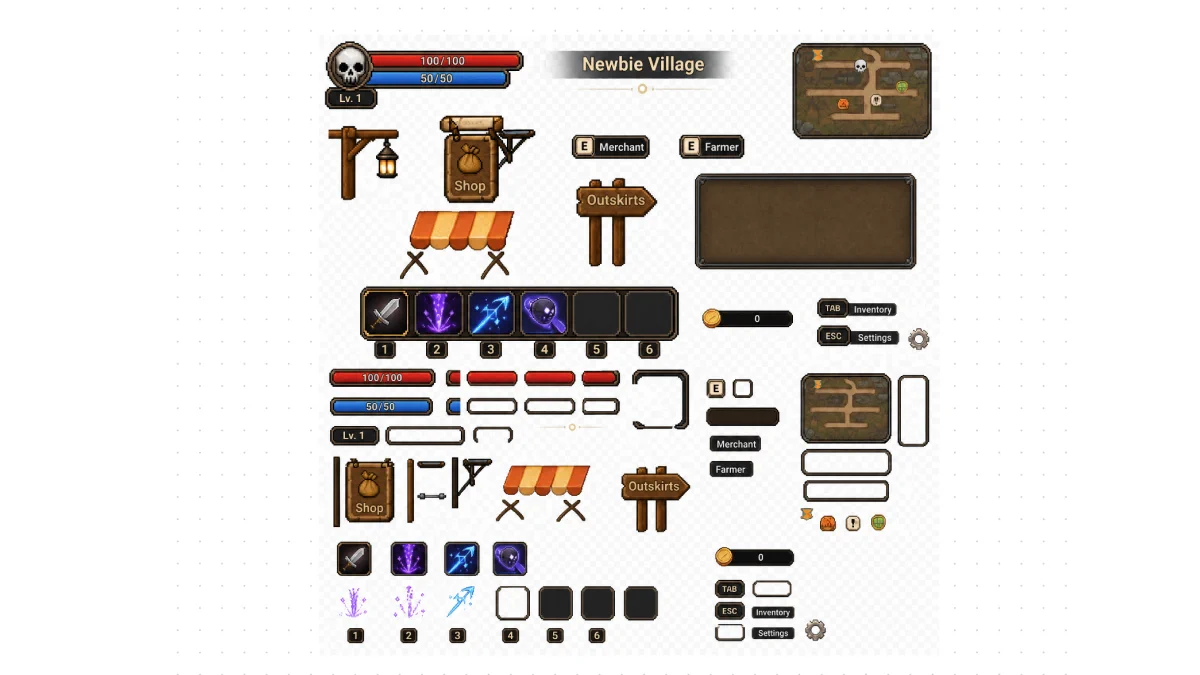 Extracted UI elements laid out on a single sprite sheet