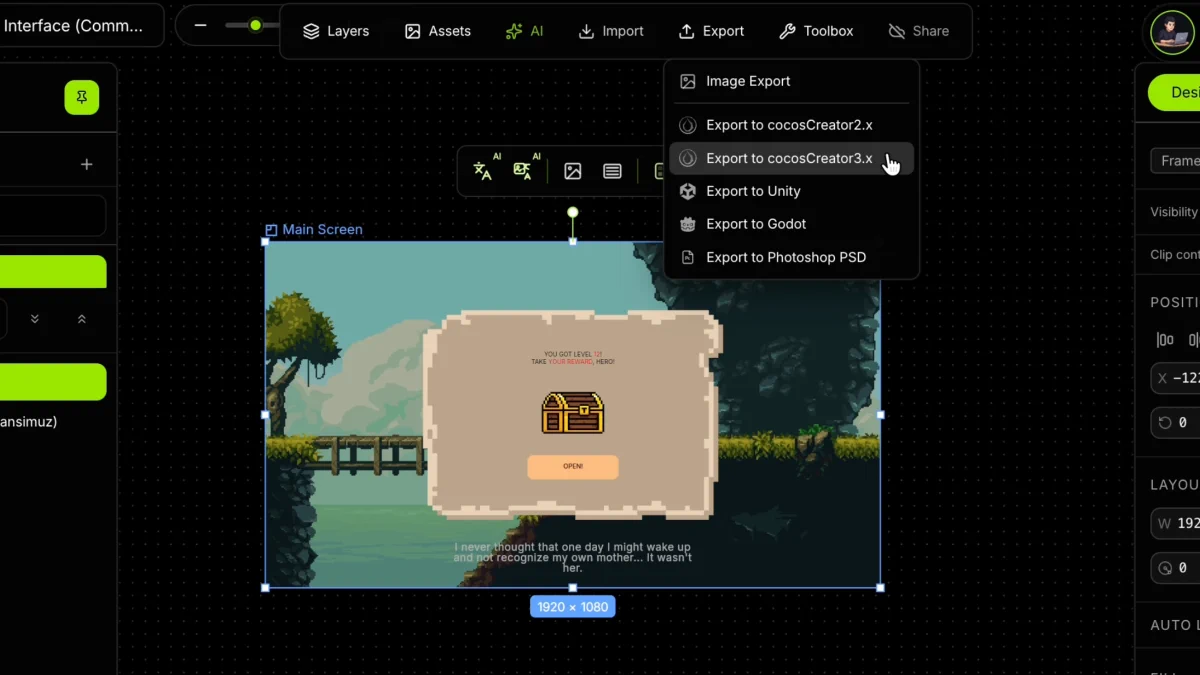 Main Screen selected and Export to cocosCreator3.x highlighted