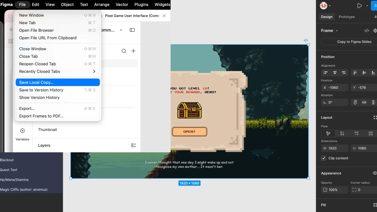 Pixel-art game UI in Figma: File menu with Save Local Copy highlighted