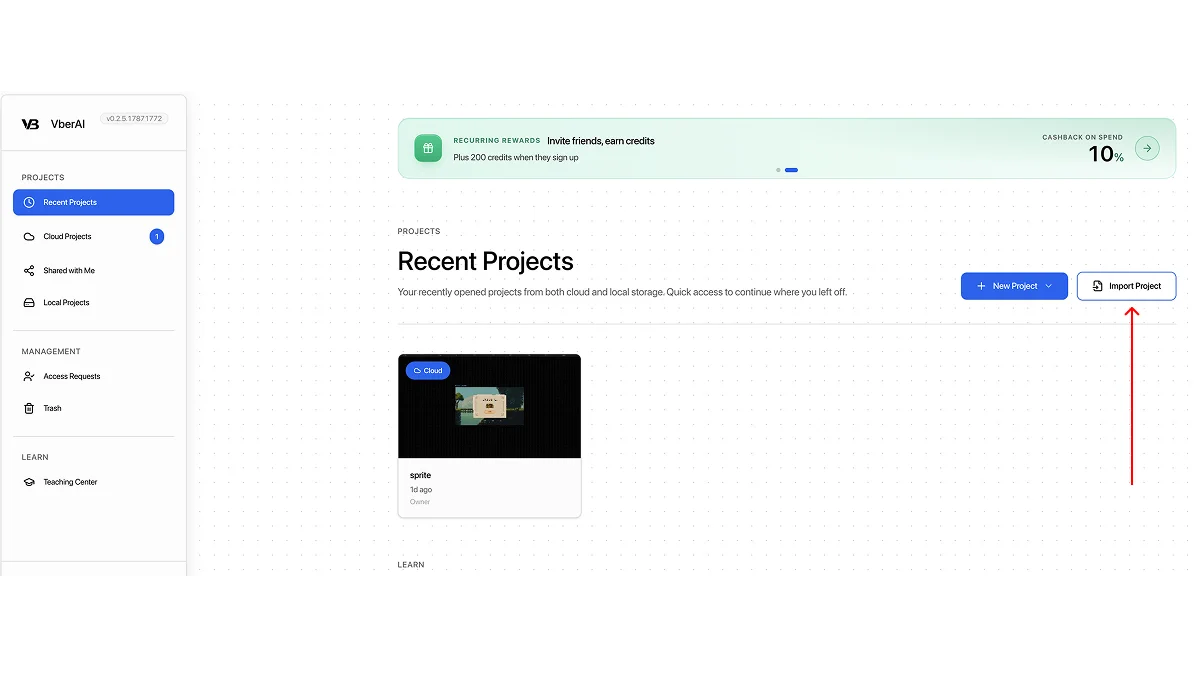 Studio Recent Projects with Import Project highlighted