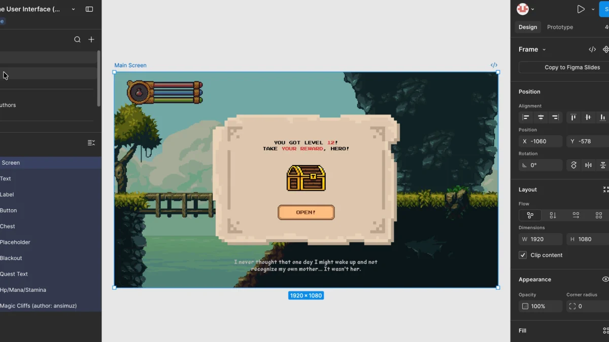 Pixel-art game UI in Figma: Main Screen frame with HUD, reward panel, and named layers