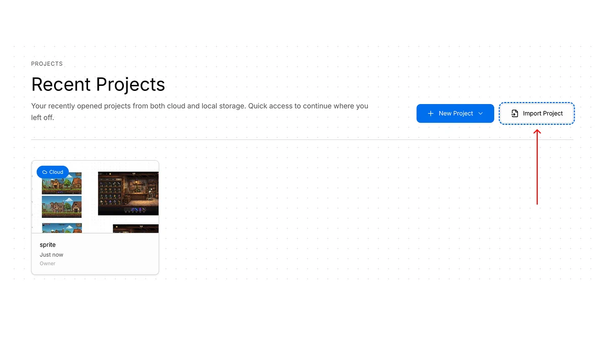Studio Recent Projects with Import Project highlighted