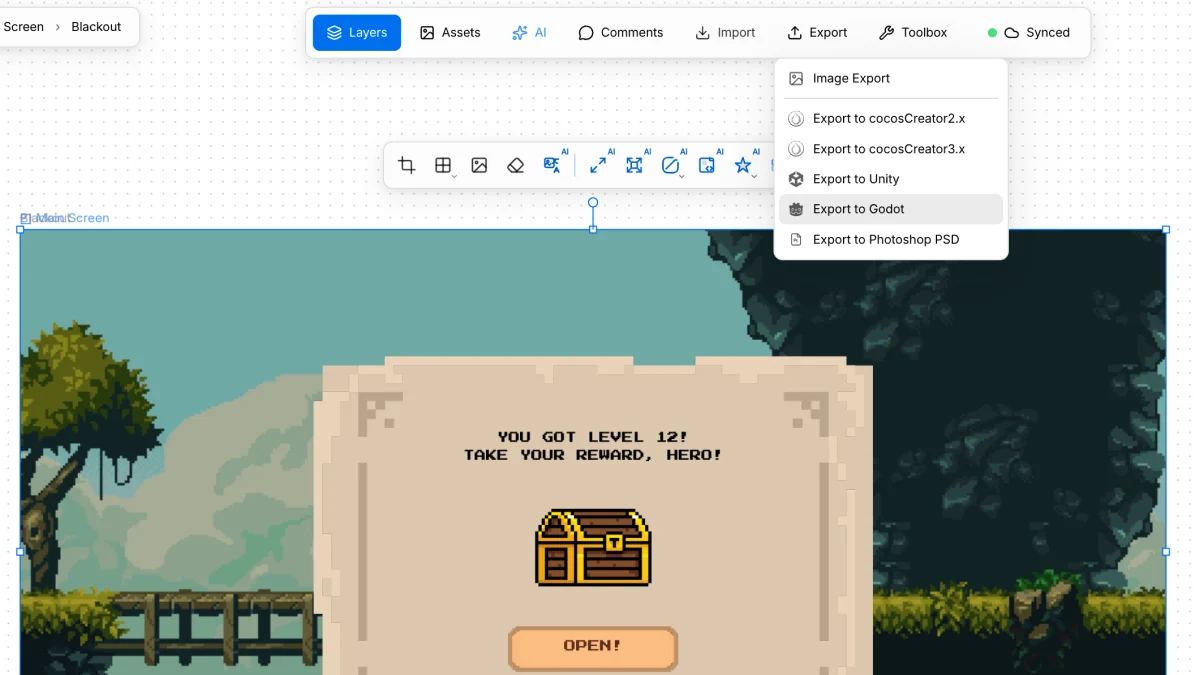 Main Screen selected and Export to Godot highlighted