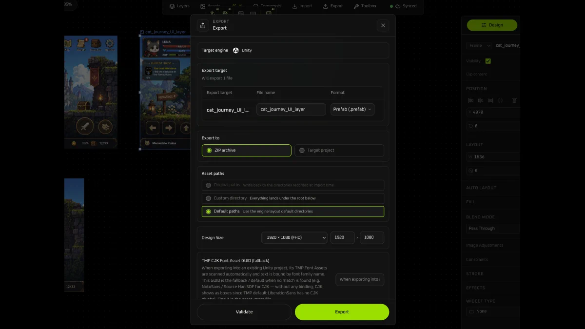 Unity export dialog: Prefab format and ZIP archive