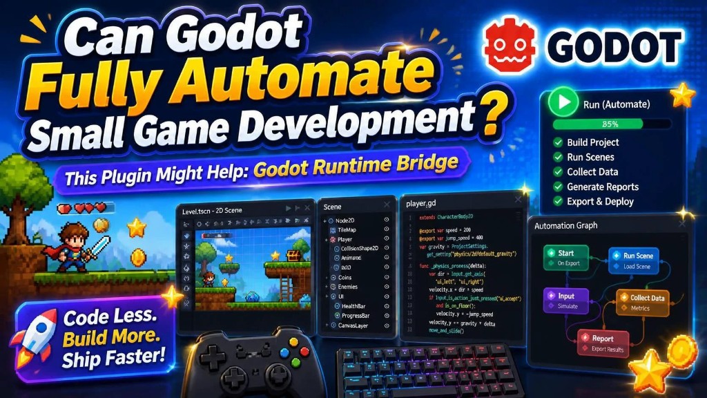 Banner for automating a small Godot game: a 2D platformer, the scene tree, player.gd, and a graph that runs the scene, simulates input, and writes a report
