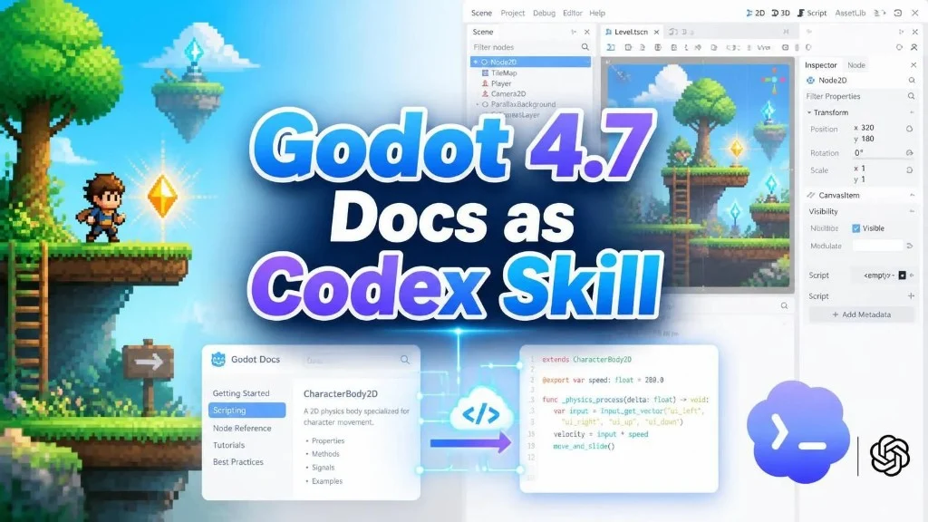Pixel banner reading Godot 4.7 Docs as Codex Skill, with the editor, a docs panel, and a code card