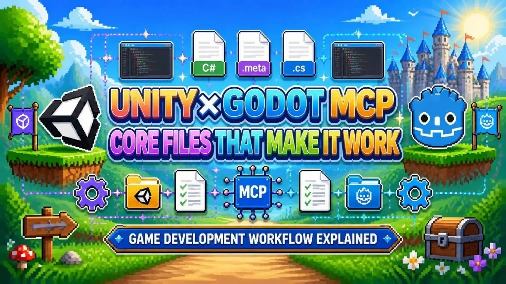 ピクセルのバナー。Unity と Godot のロゴ、中央の MCP、上に C#、.meta、.cs