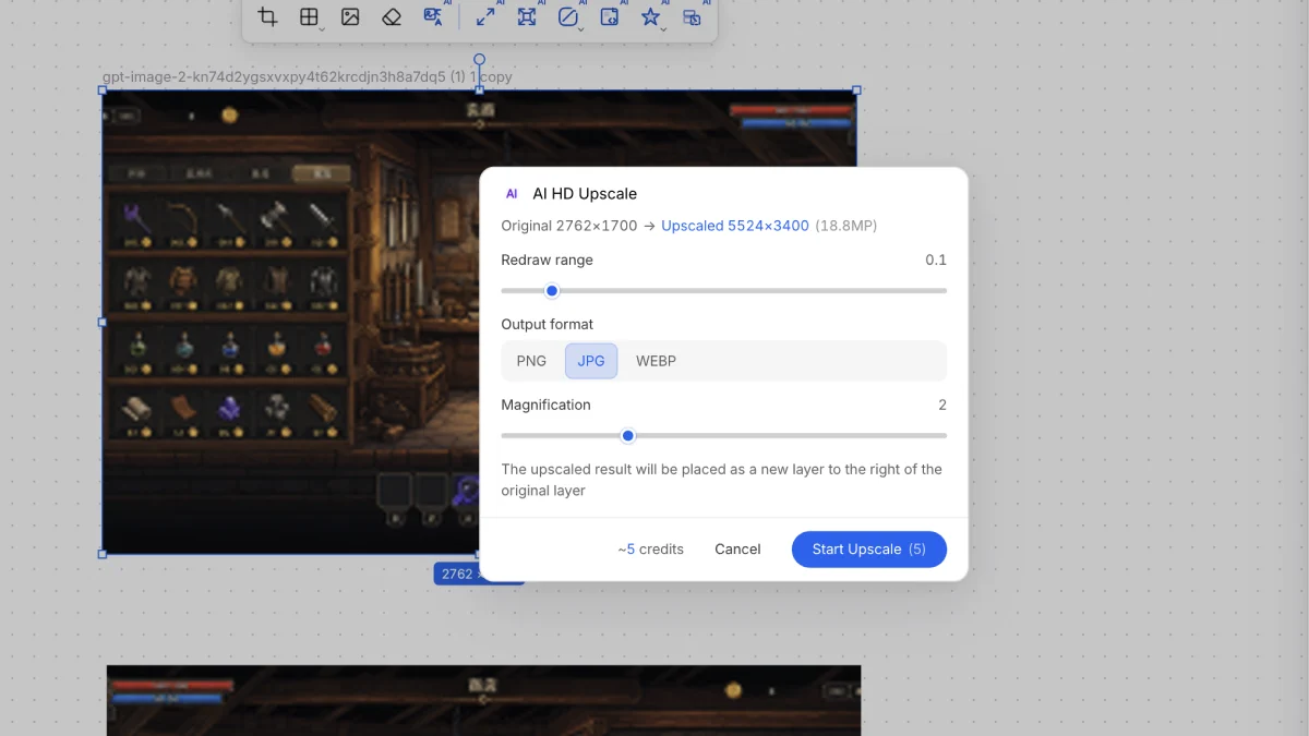 AI HD Upscale dialog with redraw range, format, and magnification