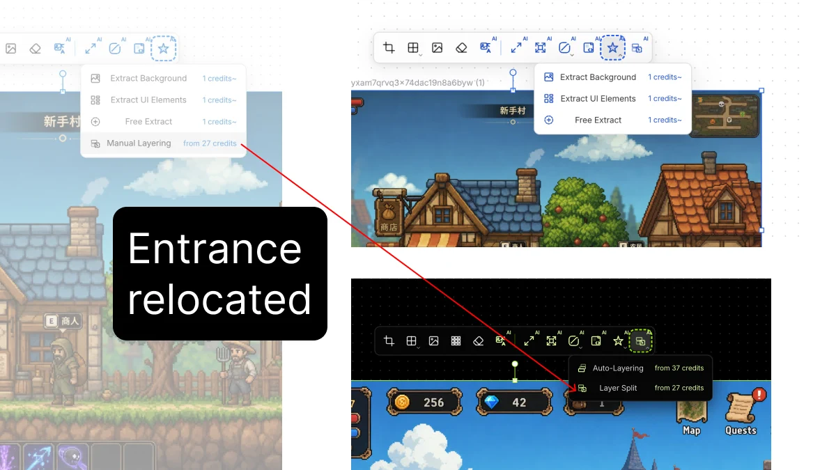 Extract menu without Manual Layering; overlapping-layers menu with Auto-Layering and Layer Split