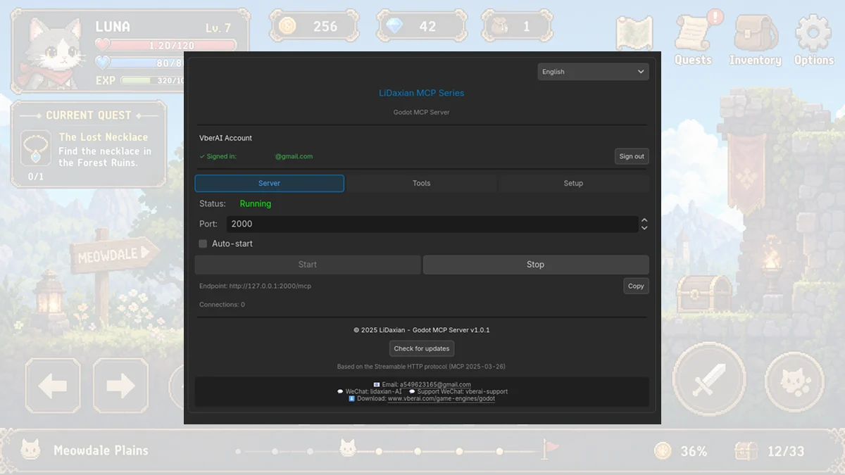 Godot MCP Server: Running, port 2000, One-Click Configuration