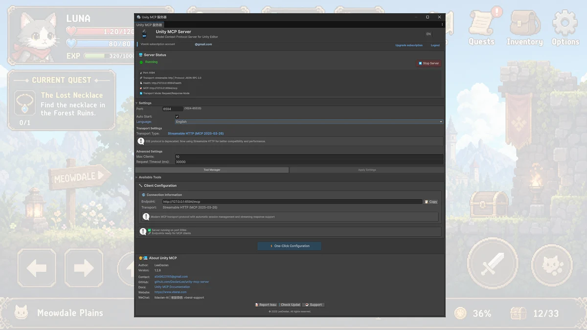 Unity MCP Server：Running、ポート 6594、One-Click Configuration