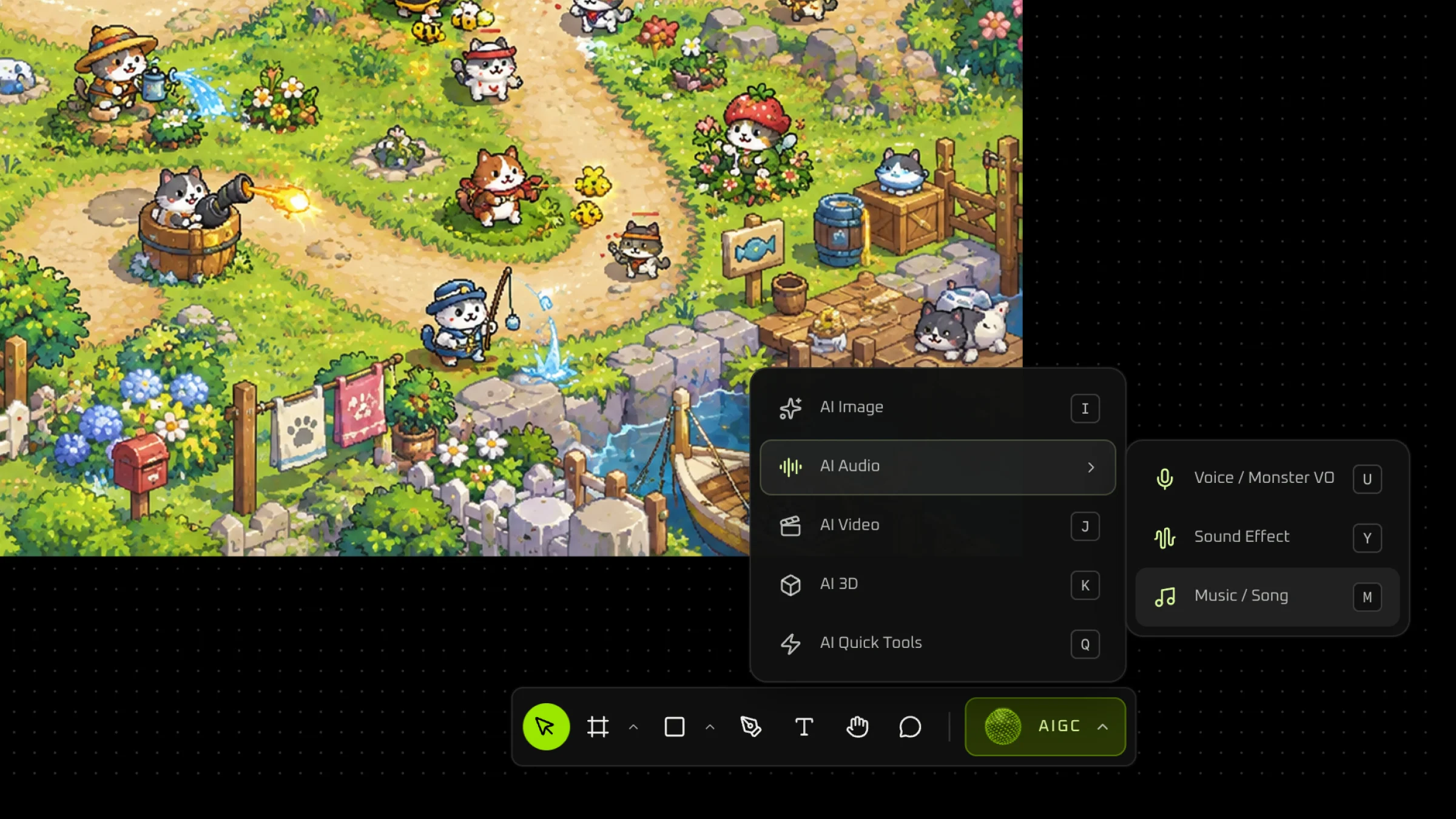 AIGC menu with AI Audio open and Music / Song listed