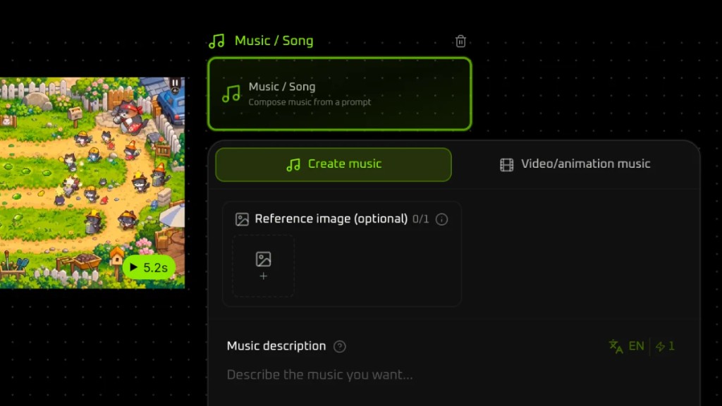 Music / Song panel with Create music selected