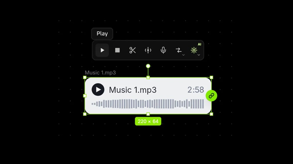 Music 1.mp3 card on the canvas, with play and an edit toolbar