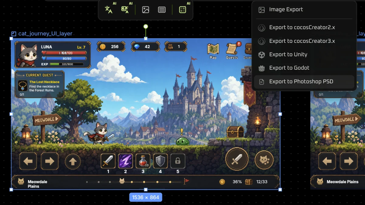Image Export menu with Export to Photoshop PSD highlighted