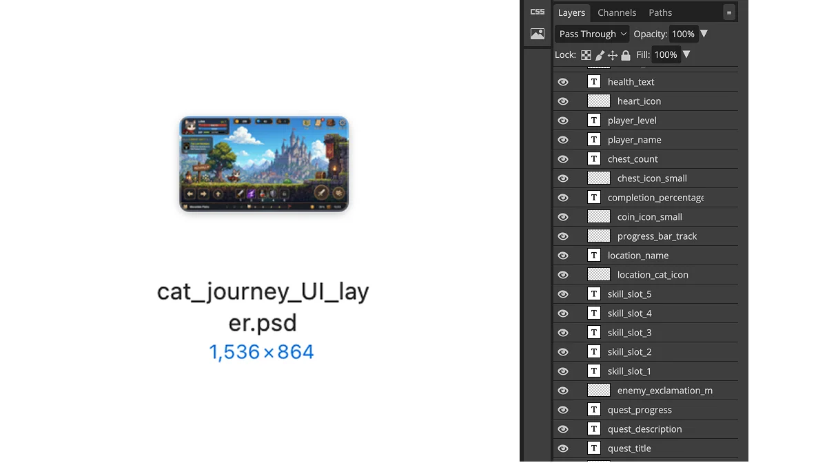cat_journey_UI_layer.psd in Photoshop with named graphic and text layers