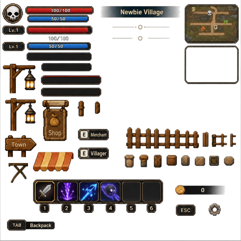 Sample fantasy UI sprite sheet on a black background