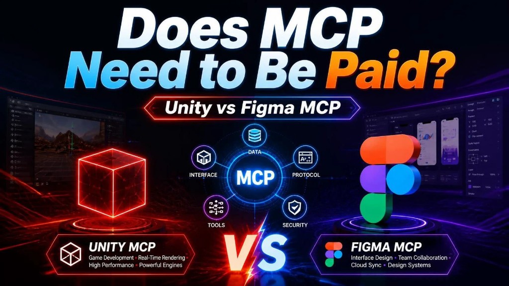 Does MCP Need to Be Paid と書かれたバナー。Unity MCP 対 Figma MCP