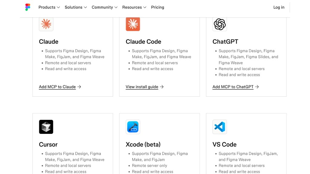 Figma MCP の導入カード。Claude、Claude Code、ChatGPT、Cursor、Xcode、VS Code