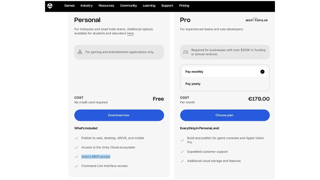 Unity Personal と Pro。Personal は Free で Unity's MCP access が含まれる