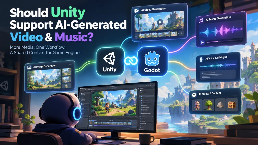 Banner nối Unity với Godot, kèm các thẻ AI video, nhạc, ảnh, giọng nói và tài nguyên