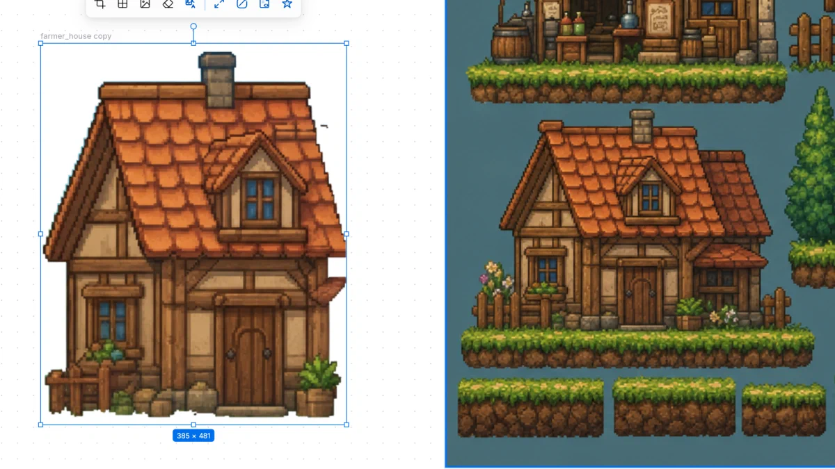 Partial building from a tight VberAI annotation (left); complete GPT Image 2 building with attached pile and lawn (right)